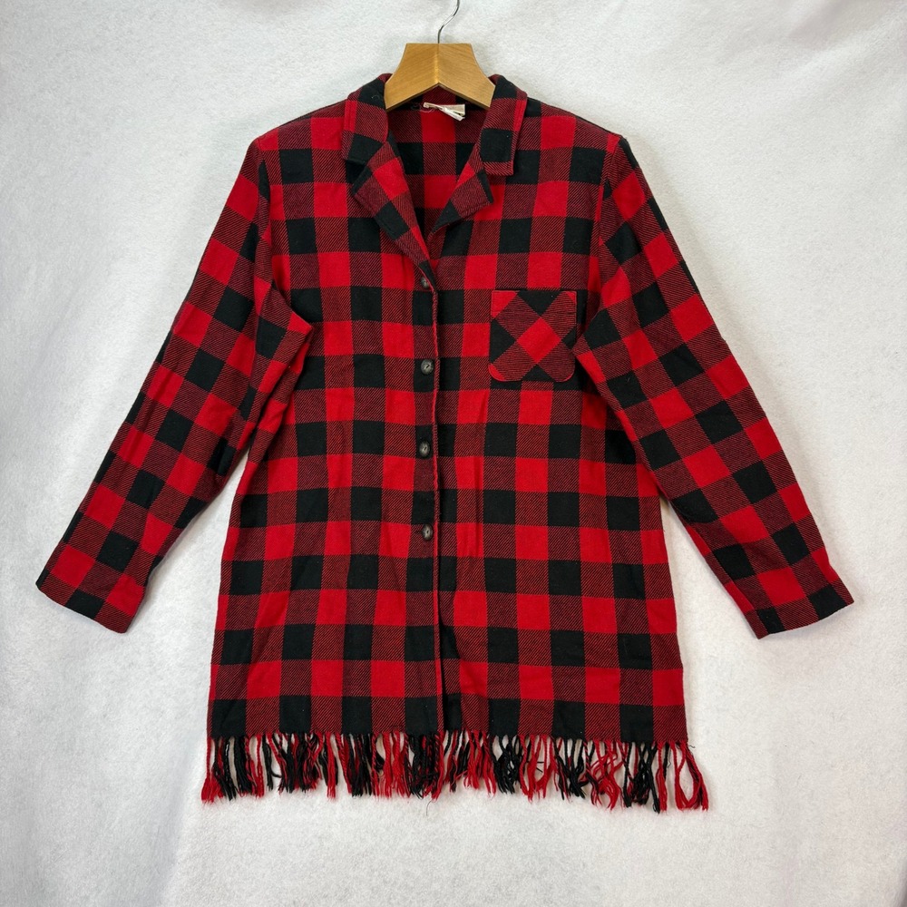 Vtg Womens Sz 18T Red & Black Buffalo Plaid Wool Blend Fringe Trim Shirt Jacket